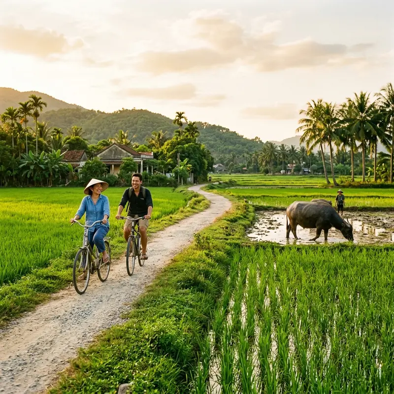 A narrow red dirt path winds through lush green rice fields in Cam Thanh, Hoi An, with a person riding a vintage green bicycle heading forward, flanked by chest-high rice stalks - Hoi An countryside scene from a bicycle