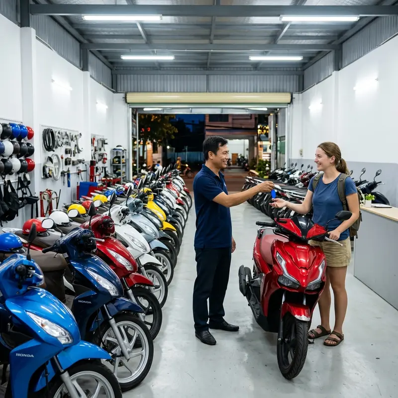 Motorbike rental shop in Da Nang with multiple automatic scooters