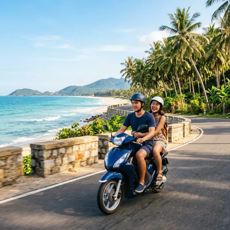 Young couple riding a motorbike on Da Nang coastal road with white sand and blue sea
