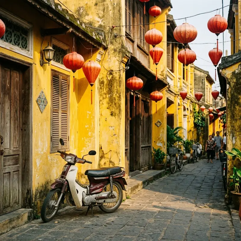Motorbike parked against yellow wall in Hoi An ancient town with red lanterns