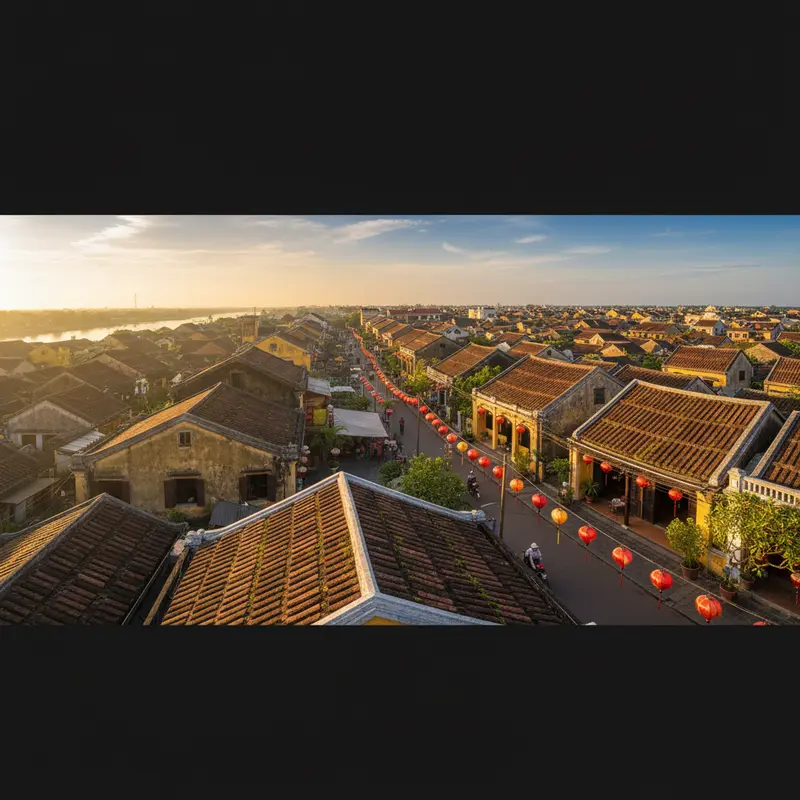 Panoramic view of Hoi An ancient town from the rooftop of a cafe, with moss-covered tiled roofs and red lanterns hanging along Nguyen Thai Hoc street in the early morning golden sunlight