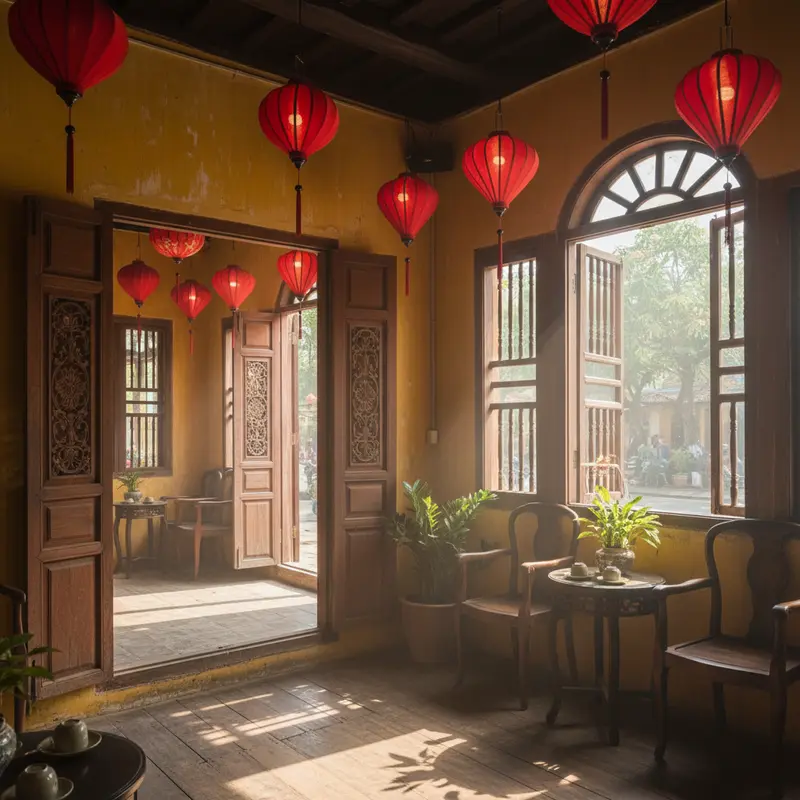 Interior of a classic Hoi An cafe with yellow lime-washed walls, dark brown wooden doors, red lanterns, and natural morning light streaming through old windows