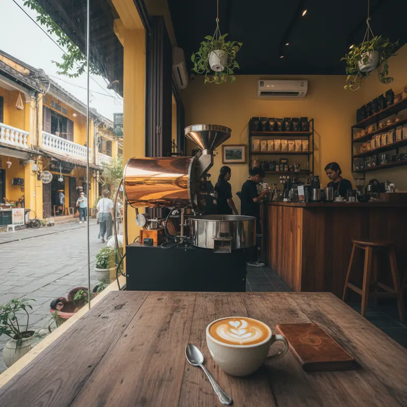 Hoi An specialty coffee shop interior with coffee roaster, large windows overlooking the ancient town, natural daylight, and a latte art coffee cup on a wooden table