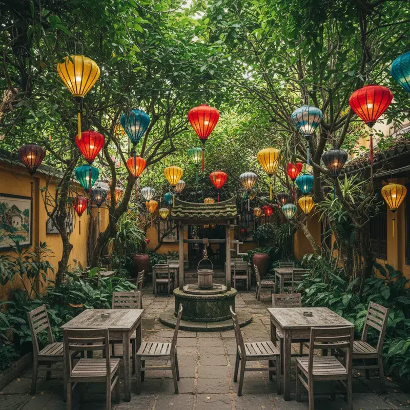 Secret garden in a Hoi An cafe with lush green plants, lanterns hanging among the leaves, wooden tables, and an ancient well, a quiet, nostalgic atmosphere