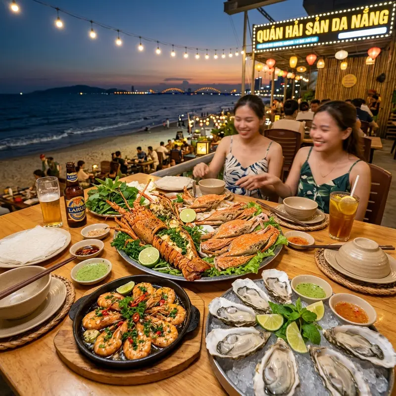 Panoramic view of the My Khe beach area in Da Nang at night with numerous brightly lit fresh seafood stalls, smoke rising, and diners enjoying fresh seafood at plastic tables