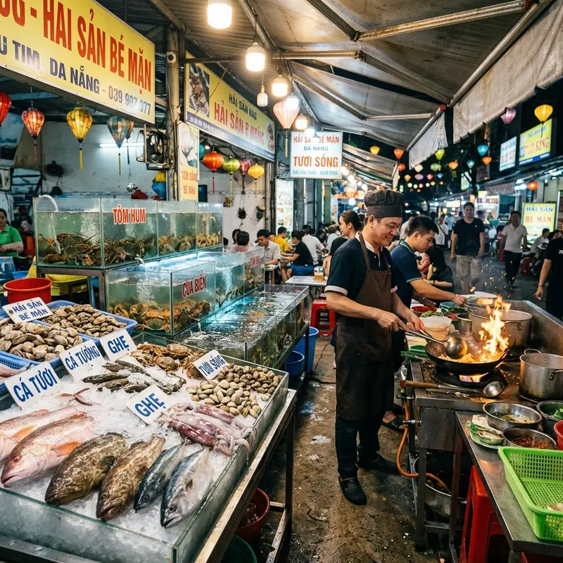 A typical Da Nang fresh seafood platter including salt-roasted crab, charcoal-grilled squid, steamed shrimp, and snails arranged on a plastic table at a seaside eatery, with warm yellow lighting