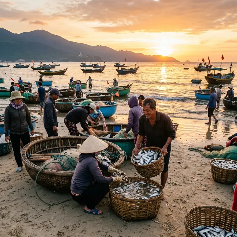 Scene of Tho Quang fish market in Da Nang at dawn, fishermen are unloading fresh fish from boats onto the shore, yellow lights shining on sparkling silver fish
