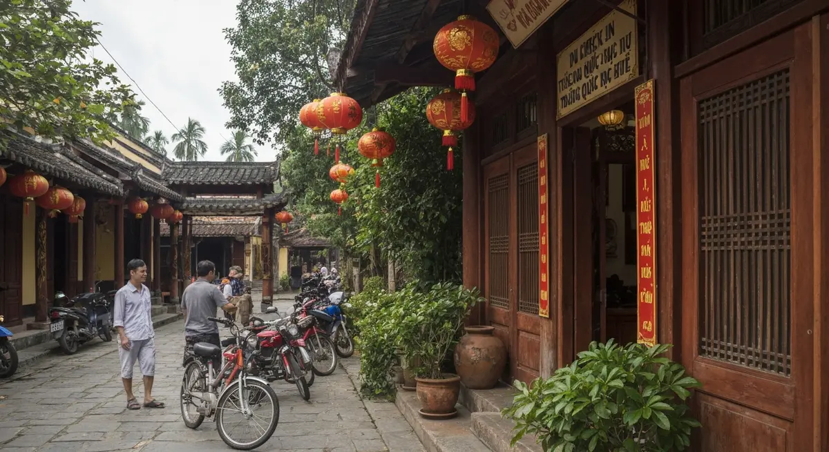 身穿传统奥黛的游客在顺化国学中学门口打卡，红砖墙作为背景，早晨的金色阳光，顺化国学中学打卡拍照好去处百年红砖色