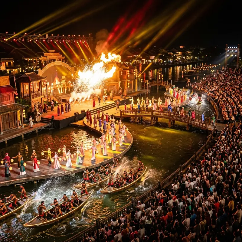 Show Ký Ức Hội An về đêm với sân khấu ngoài trời hoành tráng, 500 diễn viên biểu diễn, ánh đèn lung linh phản chiếu xuống mặt nước sông Thu Bồn