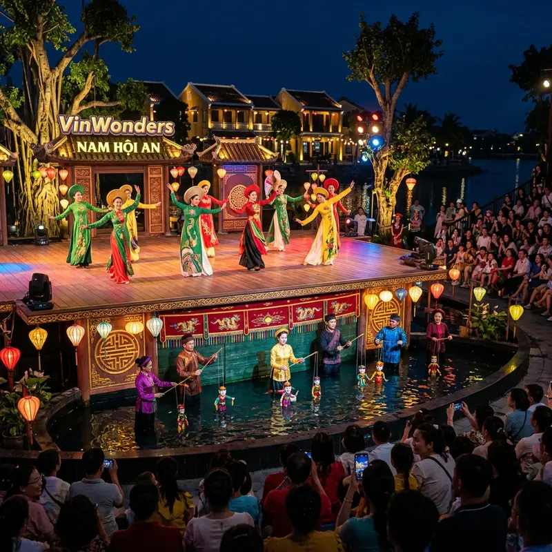 Show văn hóa truyền thống tại VinWonders Nam Hội An với các vũ công mặc trang phục dân tộc đặc sắc