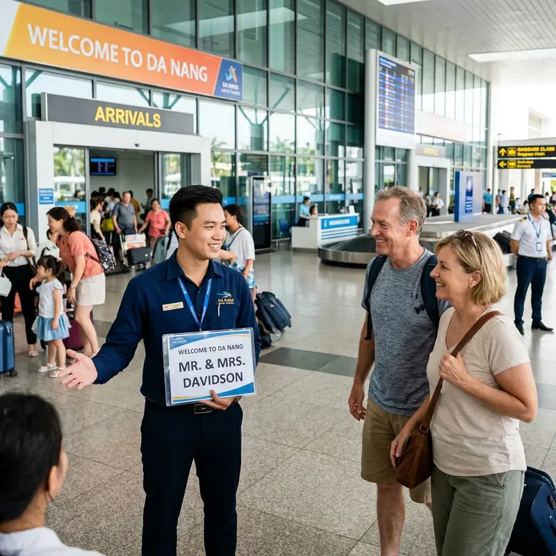 Professional team picking up guests at Da Nang International Airport domestic terminal