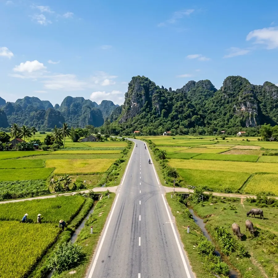Highway heading towards the rocky mountains of Phong Nha