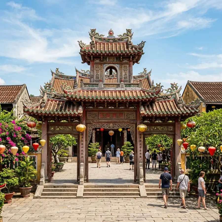 Cá»•ng chùa cá»• kính vá»›i mái ngói truyá» n thá»‘ng táº¡i Há»™i An