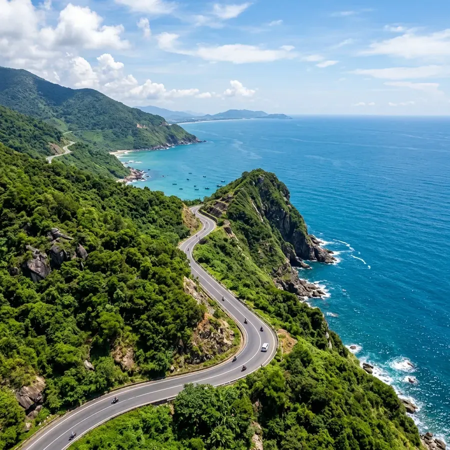 The majestic winding Hải Vân Pass road overlooking the blue sea