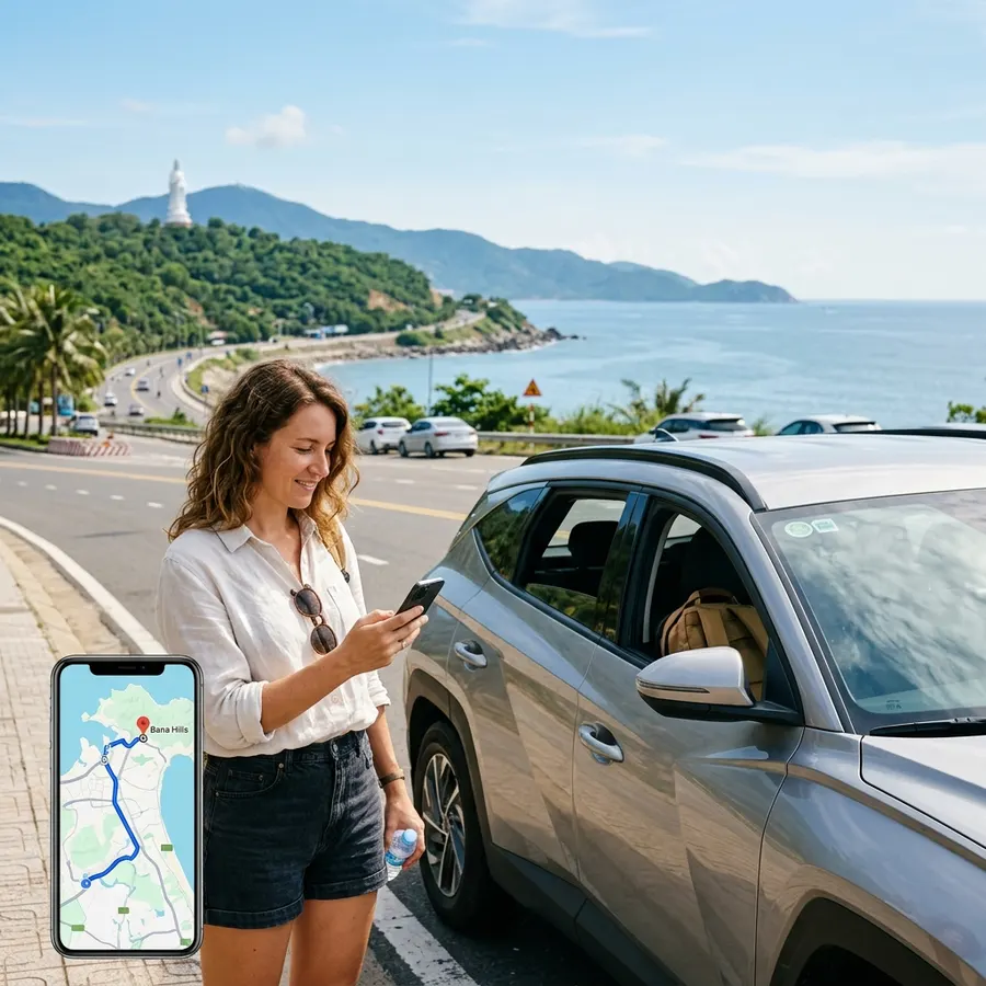 Passengers using a smartphone to book a smart car in Da Nang