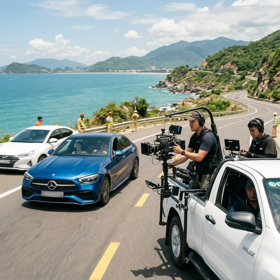 Professional film crew shooting a car scene