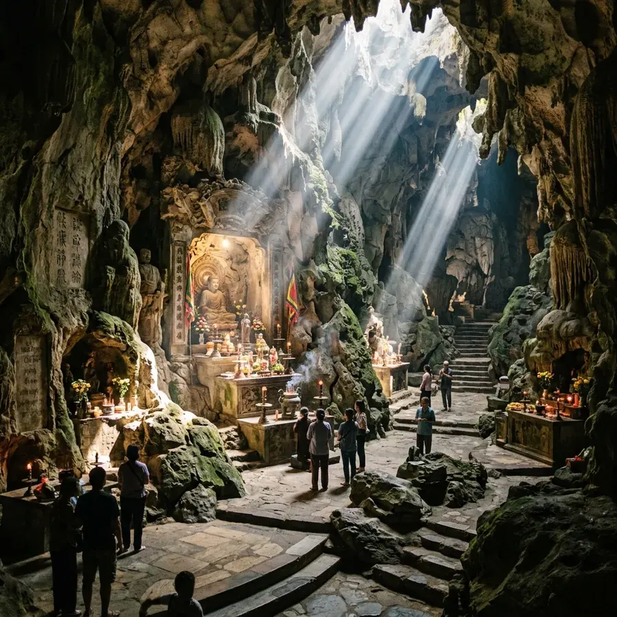 Magical light shining into Huyền Không Cave at Ngũ Hành Sơn