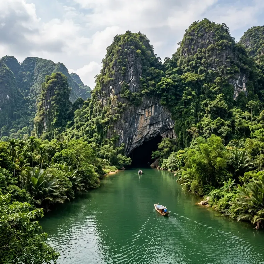 The gentle Son River leading into Phong Nha Kẻ Bàng cave