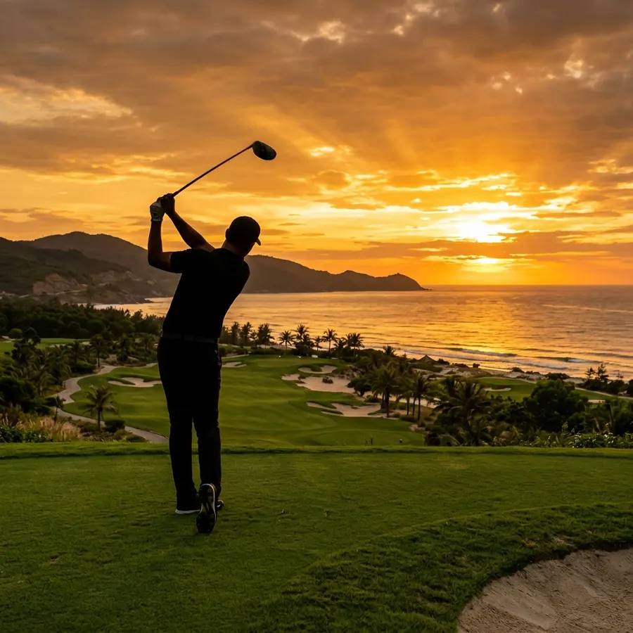 Golfer swinging at sunset on Da Nang golf course