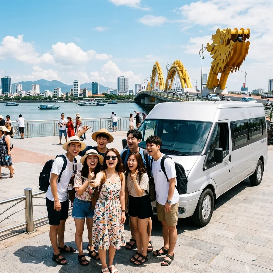 Korean tourists happily taking photos with a tourist car