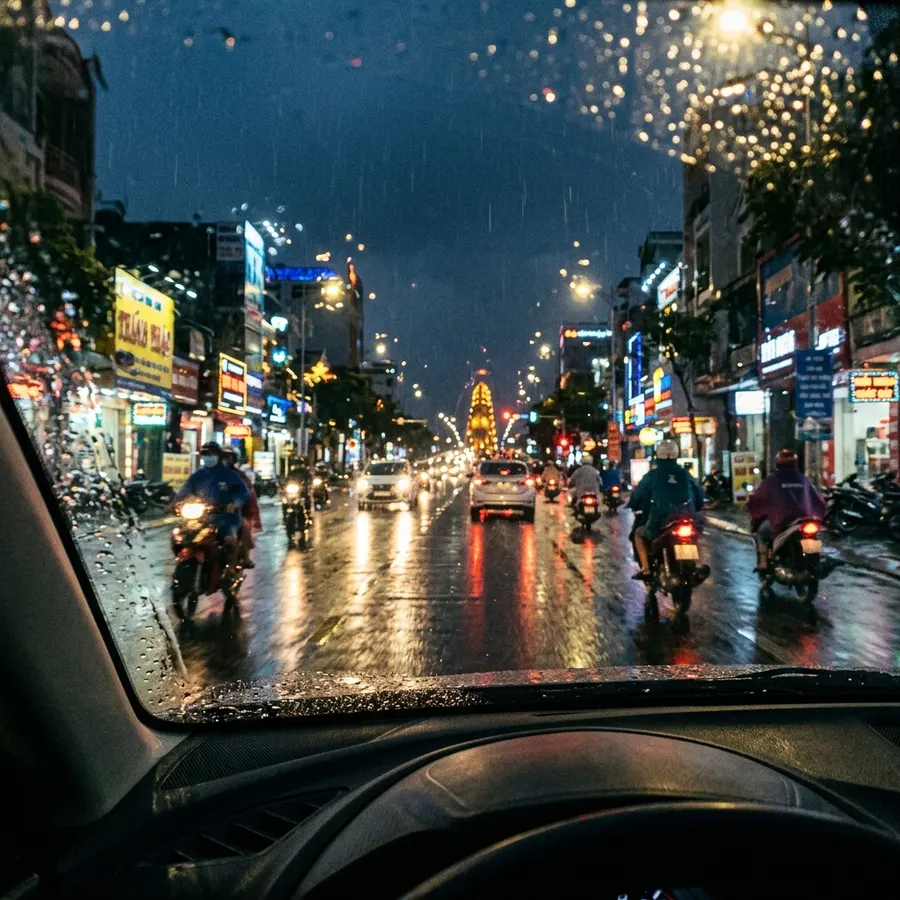 View from inside the car while driving through the city in the rain