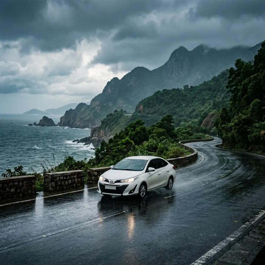 Sedan driving safely on a rainy road in Da Nang