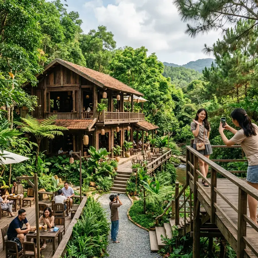 Rustic cafe blending into the cool green nature in the suburbs of Da Nang