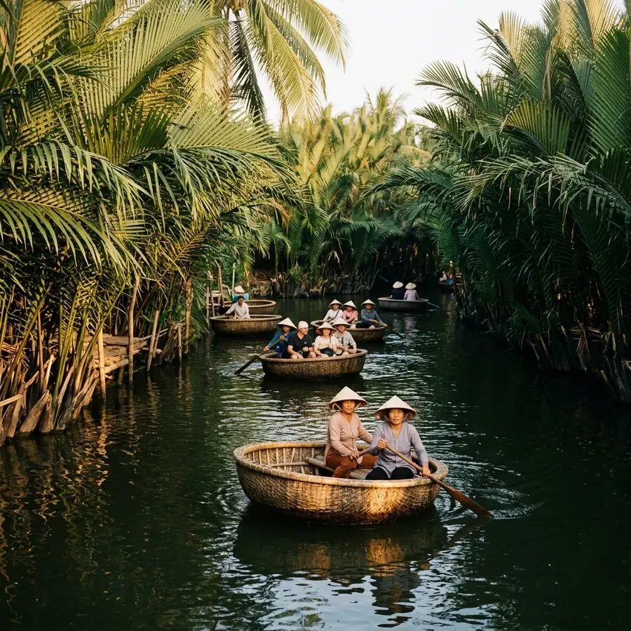 Rừng Dừa Bảy Mẫu with coracle boats on the water