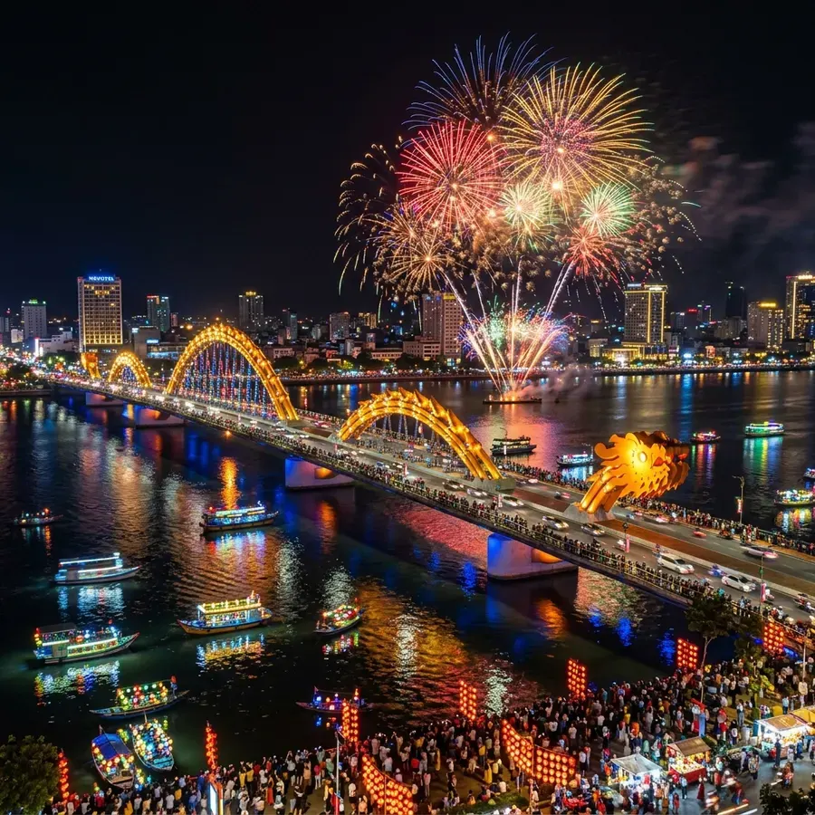 Dragon Bridge in Da Nang glowing on Tet night