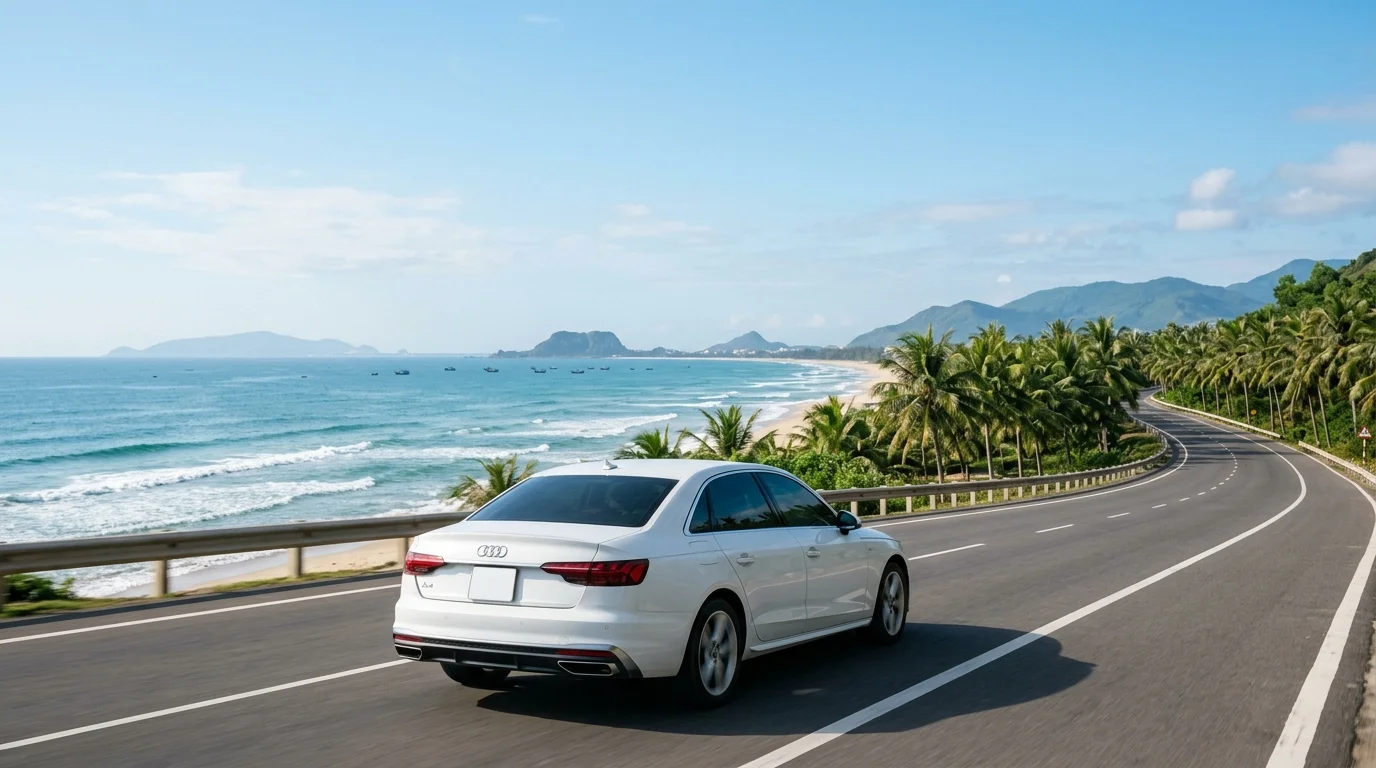 Xe sedan 4 chỗ đời mới đưa đón du khách trên đường biển Đà Nẵng đi Hội An