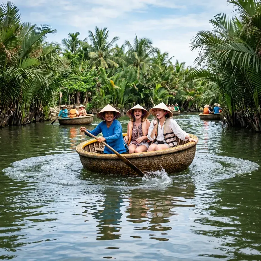 Coracle boat spinning in Rừng Dừa Hoi An