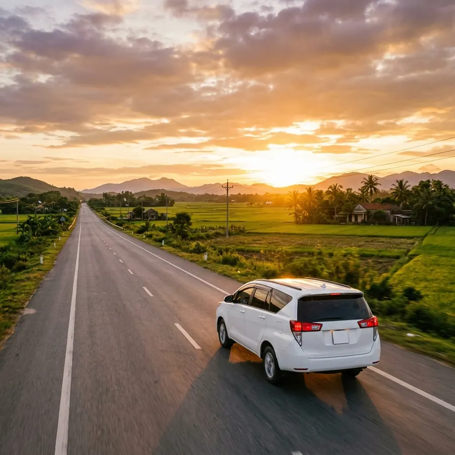 Toyota Innova trên đường dài hoàng hôn