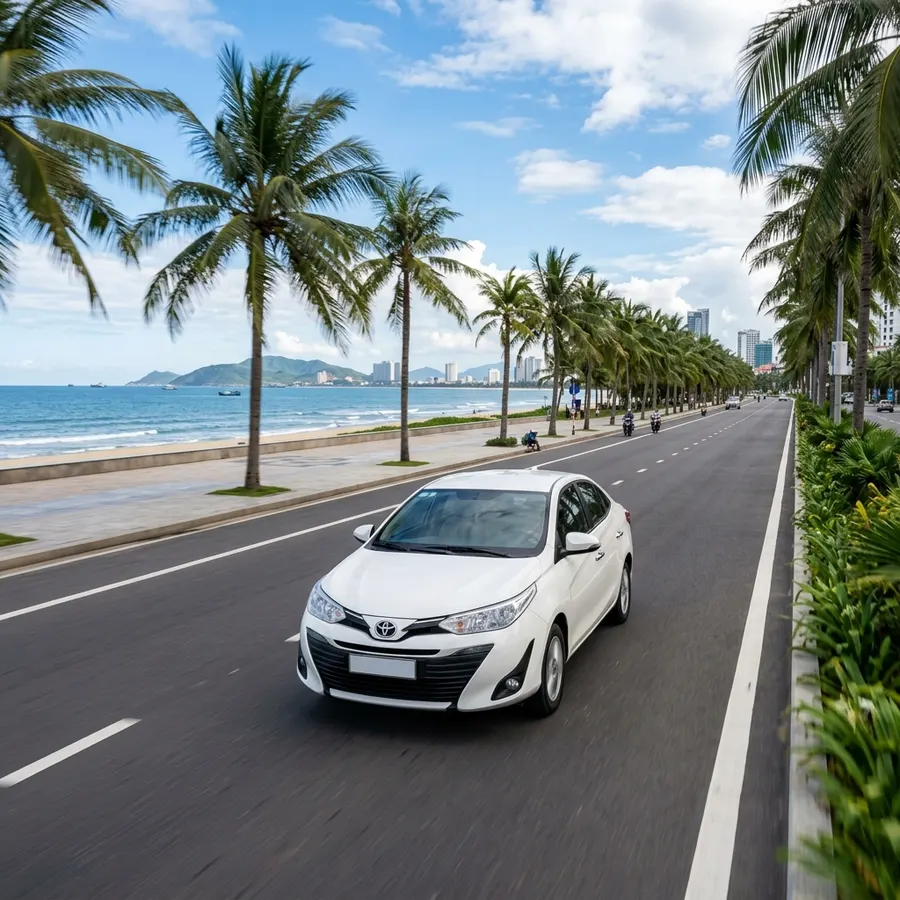 Toyota Vios sedan on Da Nang coastal road