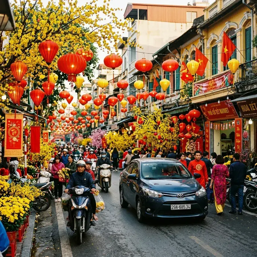 Tourist car driving on streets decorated for Tet