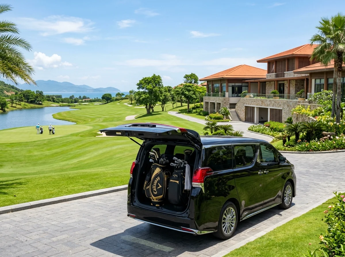 Premium 7-seater car transferring golfers and golf bags to Hoiana Shores and Montgomerie Links golf courses