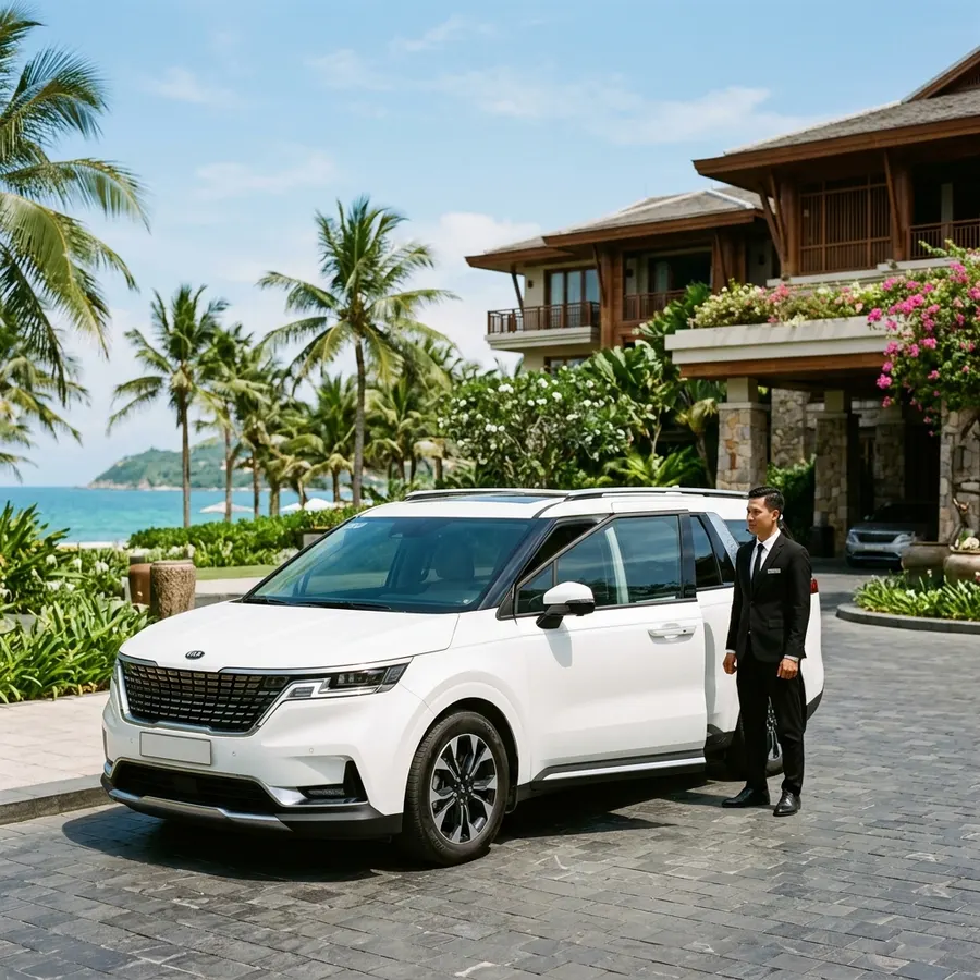 Luxurious 7-seater Kia Carnival waiting to pick up guests at a Da Nang resort