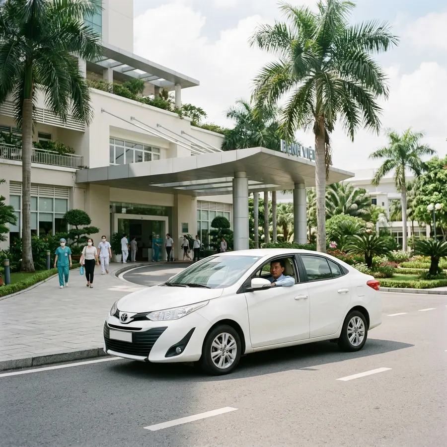 Sedan picking up patients in front of the hospital
