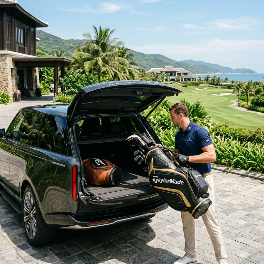 Luxury SUV with spacious trunk fitting multiple golf bags