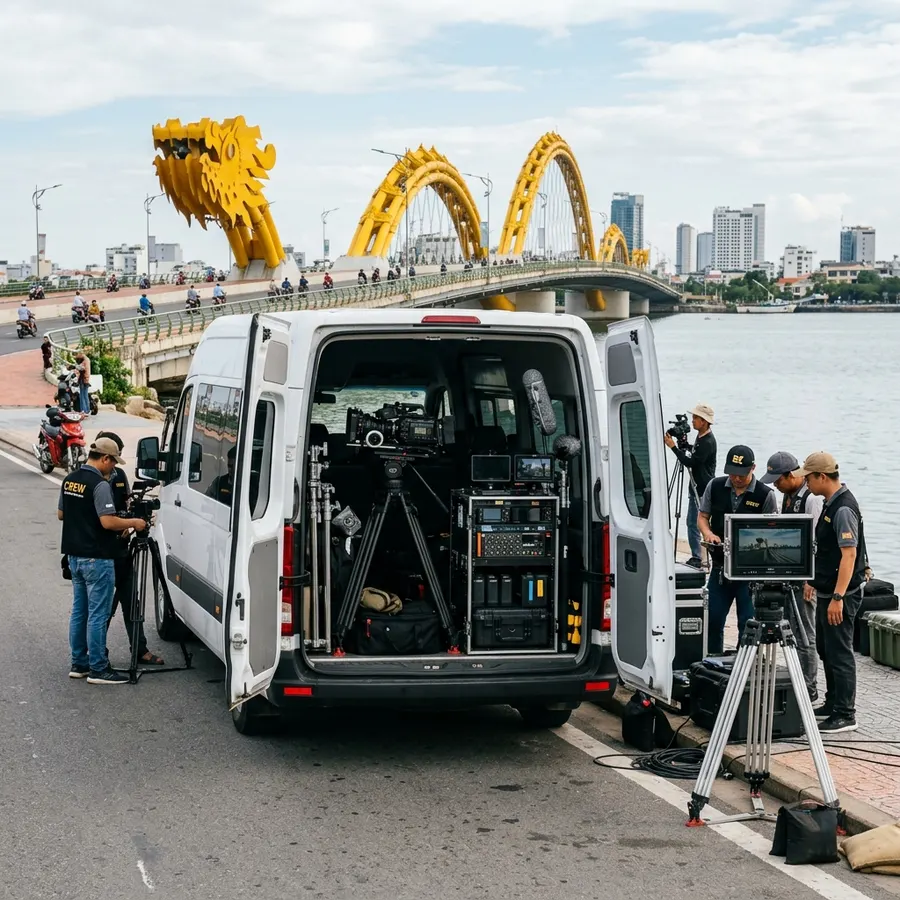 Van supporting film crew in Da Nang