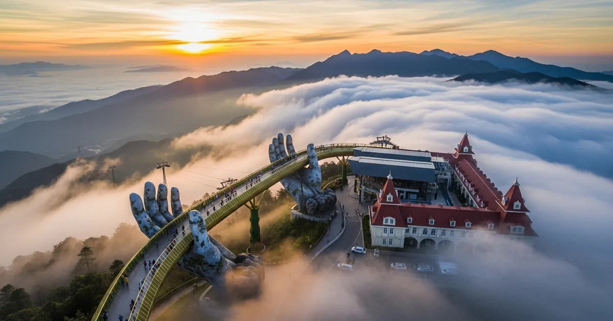 Cáp treo Bà Nà Hills nhìn từ xa với mây mù bao phủ