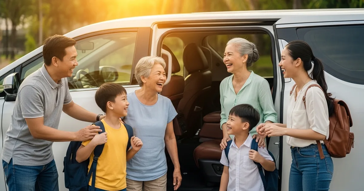 Gia đình vui vẻ chuẩn bị lên xe du lịch