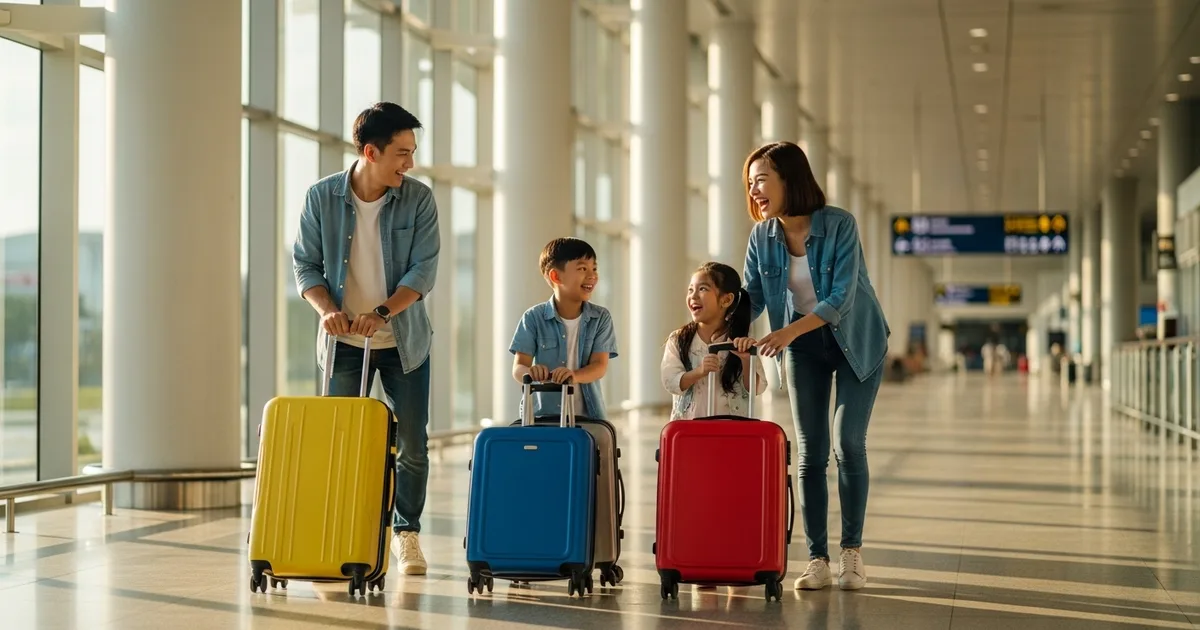 Gia đình trẻ kéo hành lý tại sân bay, ánh sáng ban ngày, không khí nhẹ nhàng