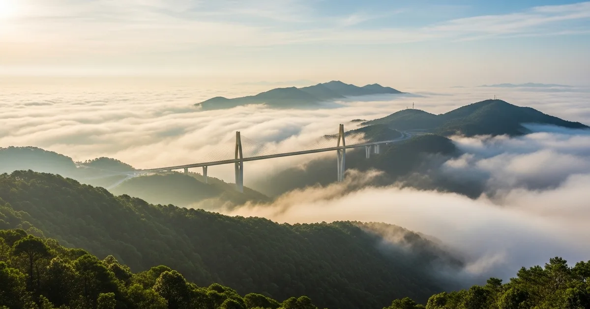 Cầu Vàng Bà Nà Hills nhìn từ xa với mây trắng bao phủ