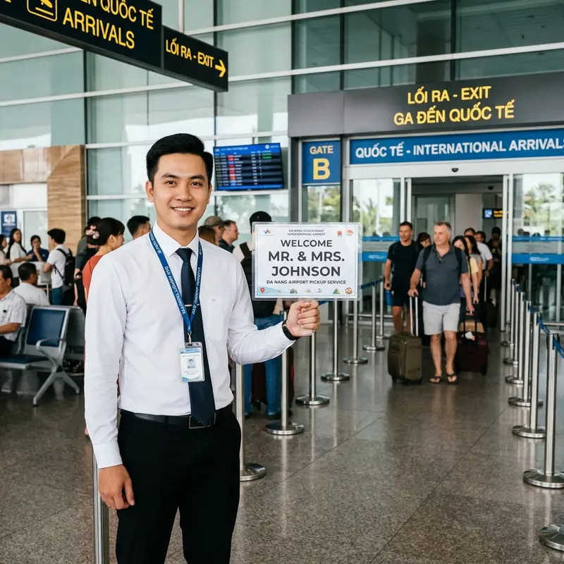 Tài xế Faifo Express cầm bảng tên đón khách tại sảnh đến sân bay Đà Nẵng