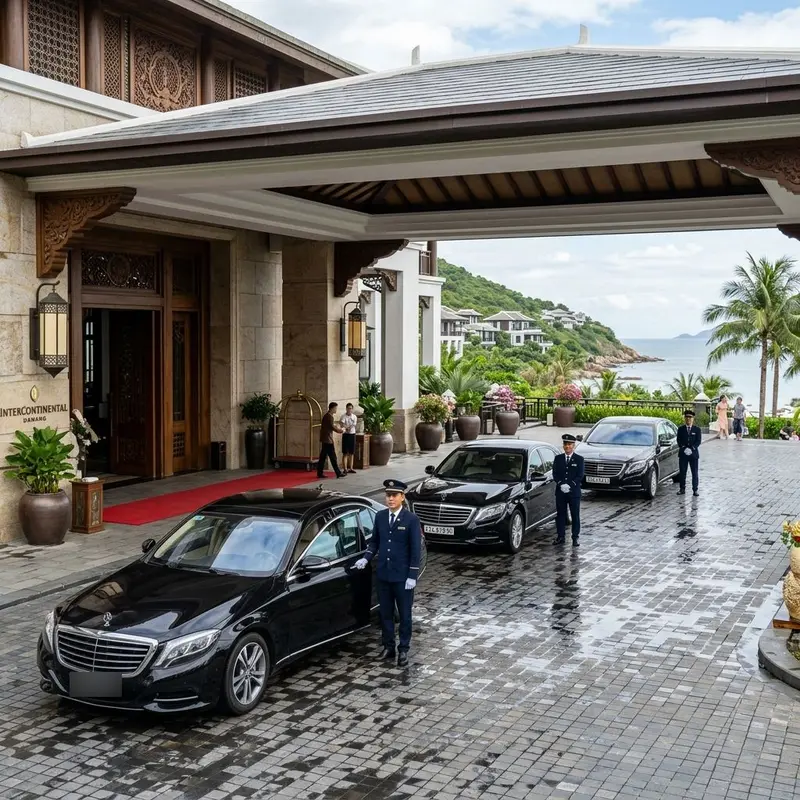 Đoàn xe công tác trọn gói Đà Nẵng — 3 sedan đen xếp hàng trước khách sạn 5 sao
