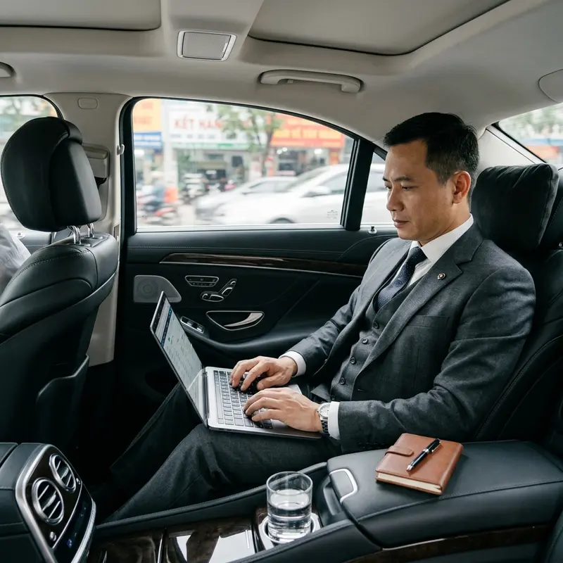 Thuê xe công tác uy tín Đà Nẵng — doanh nhân làm việc trên xe
