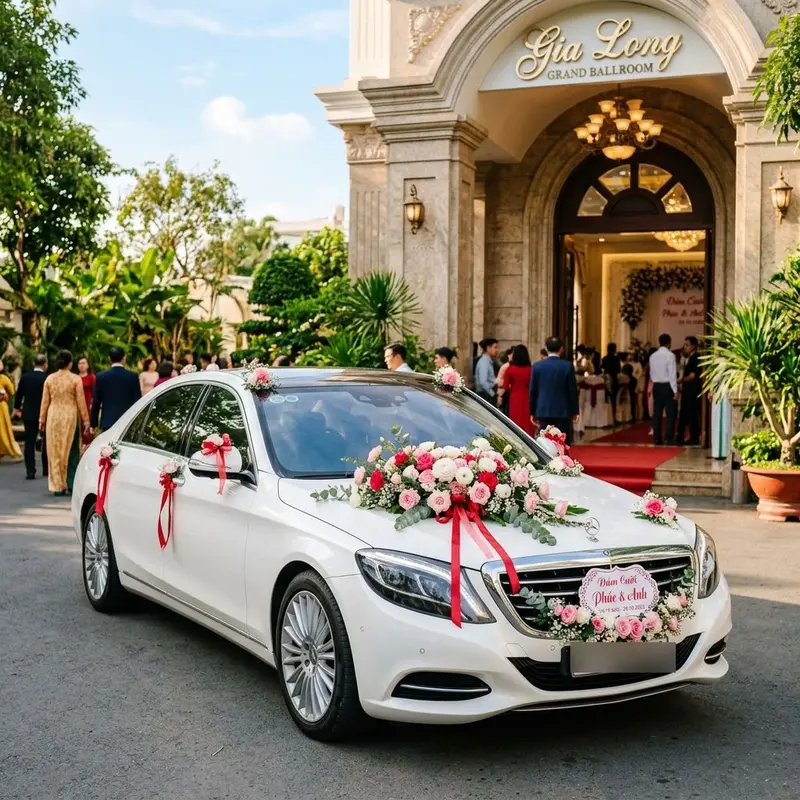 Thuê xe cưới hỏi uy tín Đà Nẵng — xe Mercedes trắng trang trí hoa