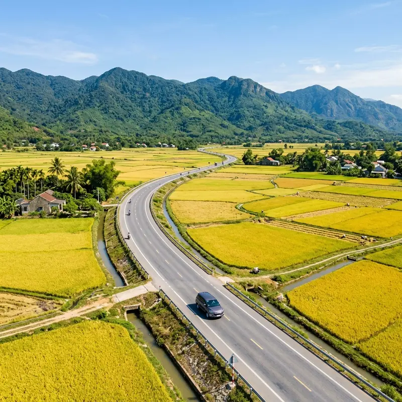 Xe chạy liên tỉnh chuyên nghiệp qua cánh đồng lúa miền Trung