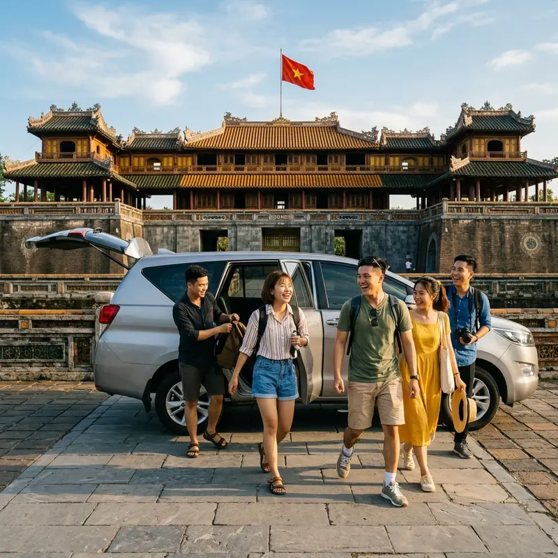 Thuê xe đi tỉnh giá rẻ — nhóm bạn trẻ tại Cổng Ngọ Môn Huế