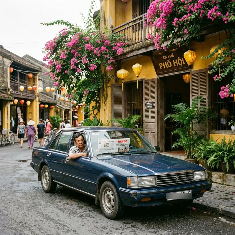 Thuê xe theo giờ uy tín Hội An — xe đậu trước quán cà phê phố cổ